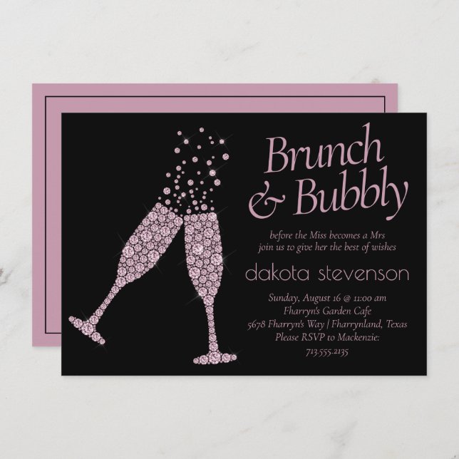 Brunch and Bubbly | Black and Millennial Pink Invitation (Front/Back)
