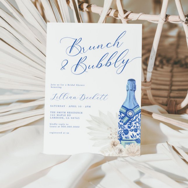 Brunch and Bubbly Blue Script Bridal Shower Invitation (Creator Uploaded)