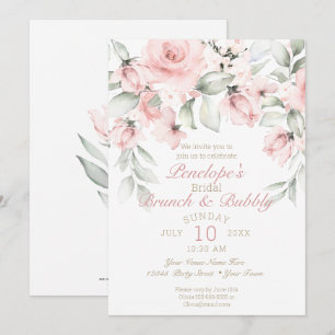 Brunch and Bubbly Blush Pink Roses Bridal Shower Invitation