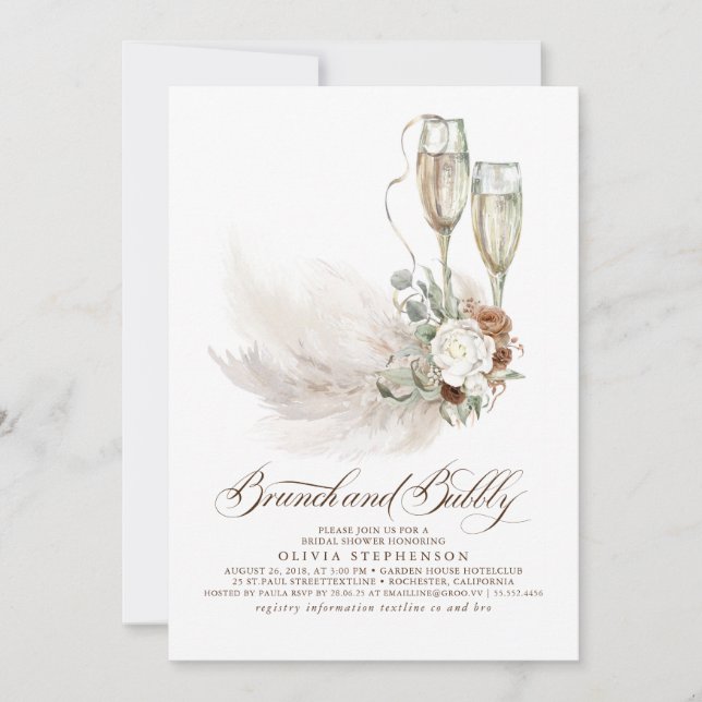 Brunch and Bubbly Boho Pampas Grass Bridal Shower Invitation (Front)