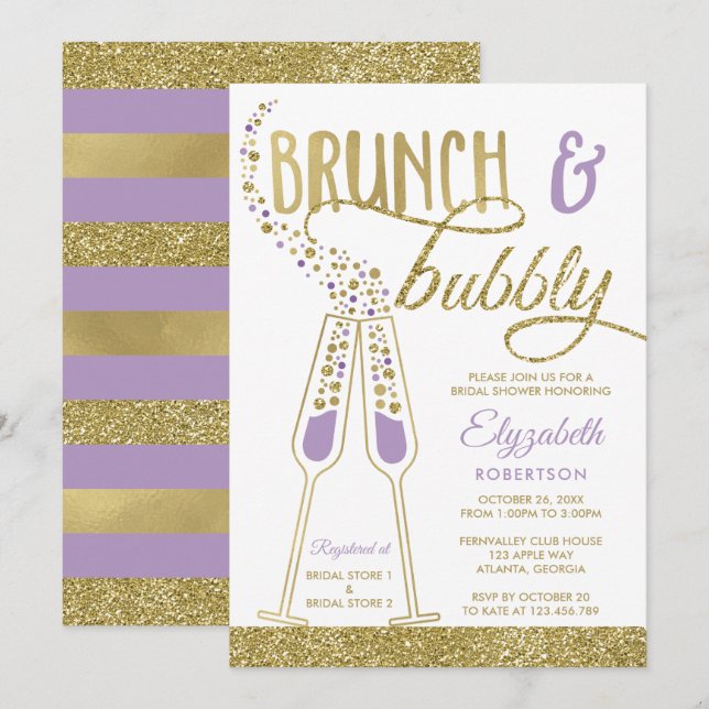 Brunch and Bubbly Bridal Shower Invite, Faux Gold Invitation (Front/Back)