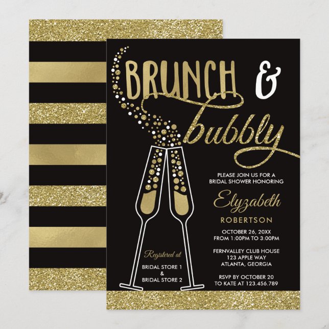 Brunch and Bubbly Bridal Shower Invite, Faux Gold Invitation (Front/Back)