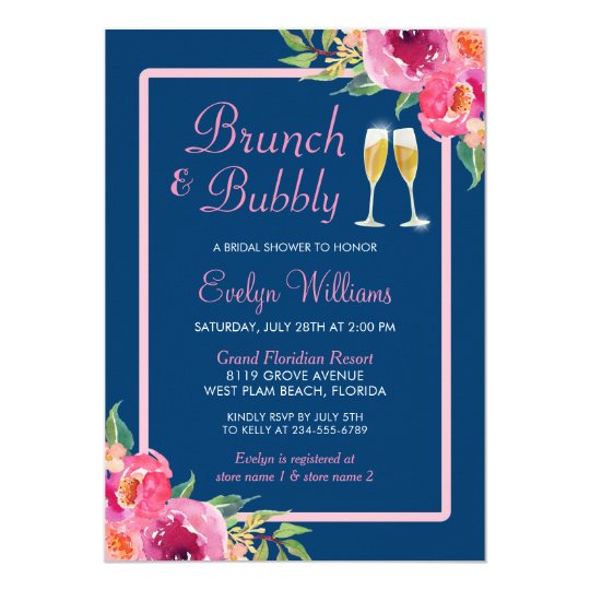 Brunch and Bubbly Bridal Shower Navy Pink Floral Card