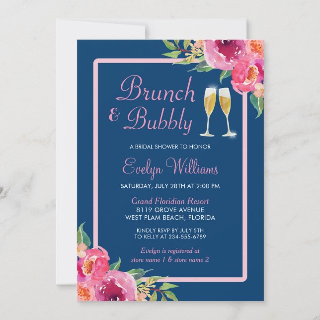 Brunch and Bubbly Bridal Shower Navy Pink Floral Invitation (Front)