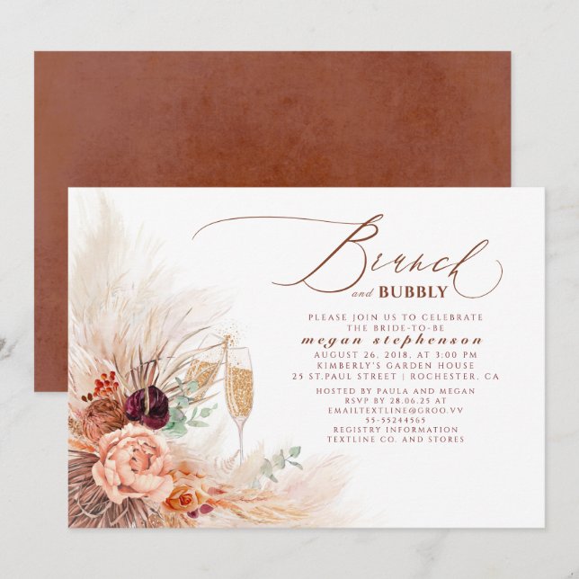 Brunch and Bubbly Bridal Shower Pampas Grass Invitation (Front/Back)