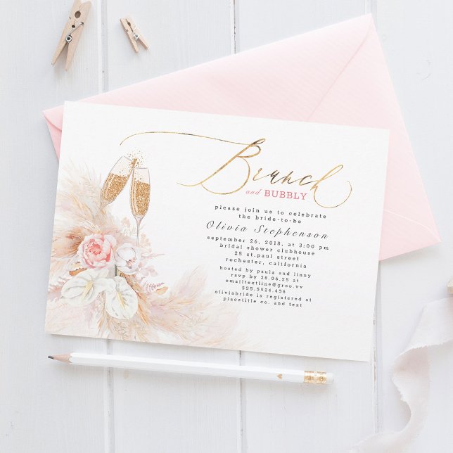 Brunch and Bubbly Bridal Shower Pampas Grass  Invitation (Creator Uploaded)