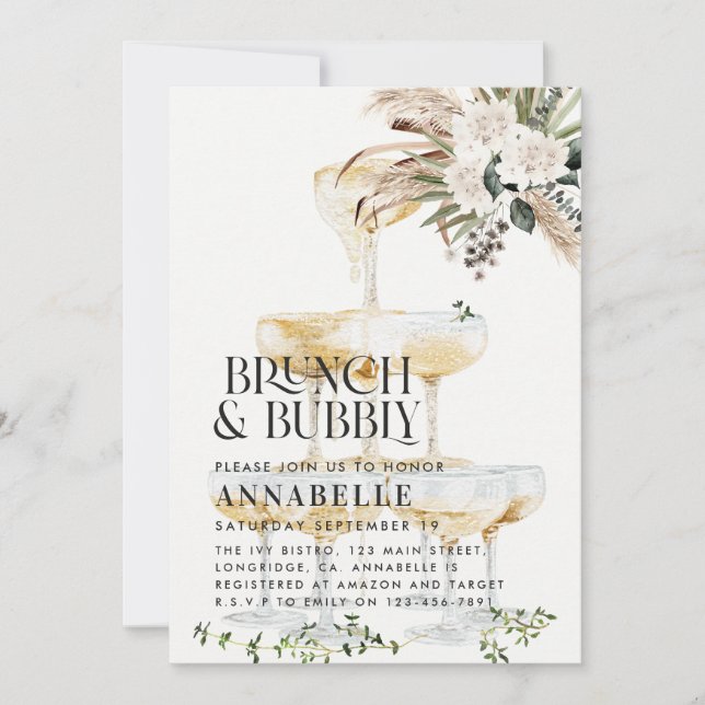 brunch and bubbly Bridal shower pampas grass Invitation (Front)