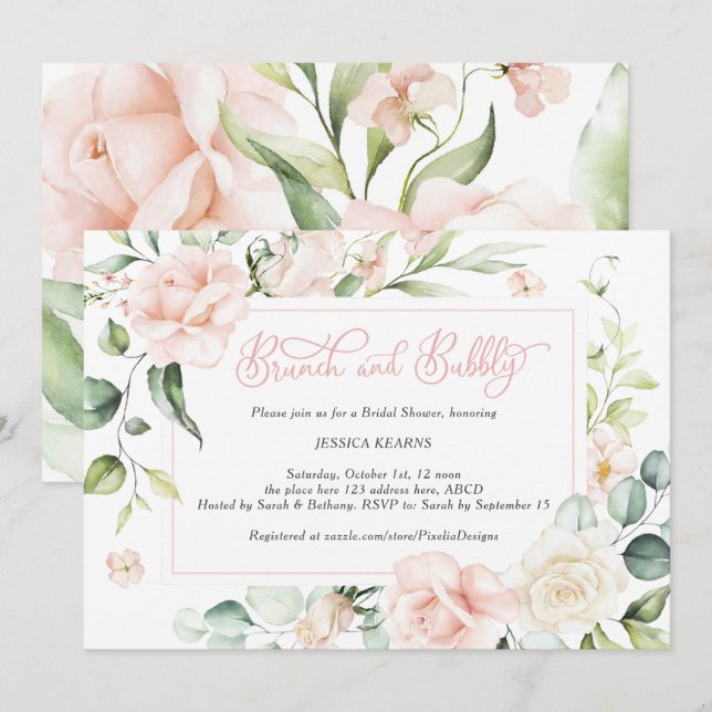 Brunch and bubbly bridal shower pink floral invitation (Front/Back)