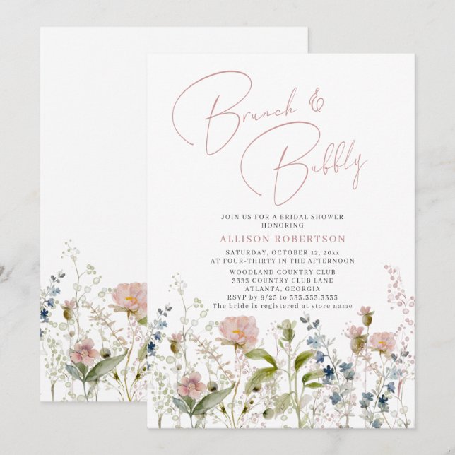 Brunch and Bubbly Bridal Shower Pink Wildflower  Invitation (Front/Back)