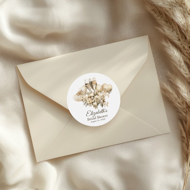 Brunch and Bubbly Champagne Flowers Bridal Shower Classic Round Sticker (Brunch and Bubbly Champagne Flowers Bridal Shower Classic Round Sticker on an envelope.)