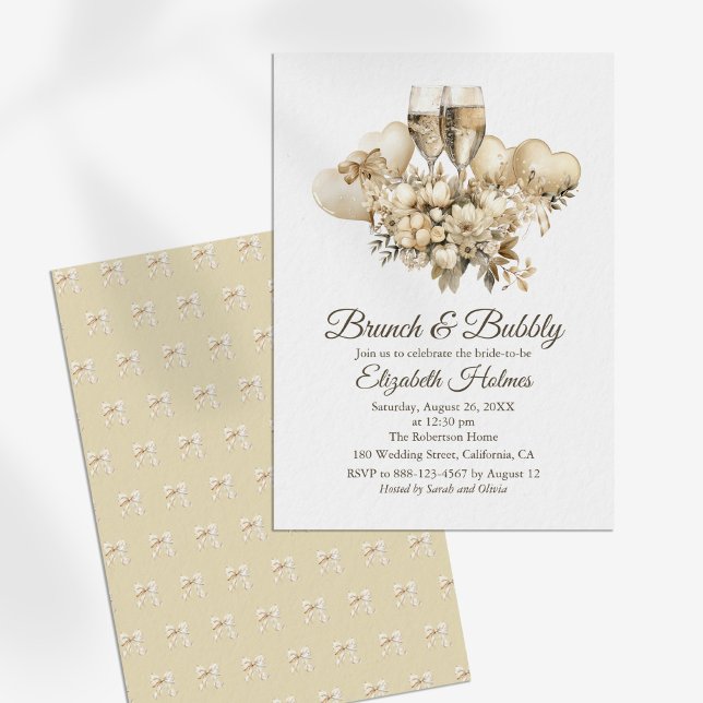 Brunch and Bubbly Champagne Flowers Bridal Shower Invitation (Brunch and Bubbly Champagne Flowers Bridal Shower Invitation on a sunny white table.)