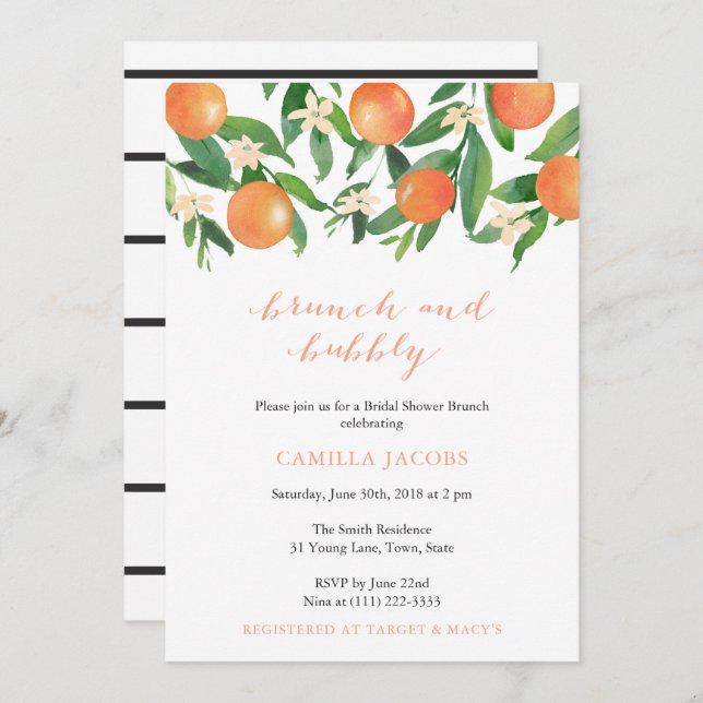Brunch and Bubbly Elegant Citrus Bridal Shower Invitation (Front/Back)