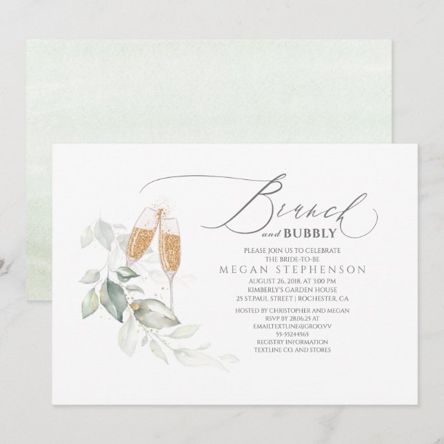 Brunch and Bubbly Elegant Greenery Bridal Shower Invitation (Front/Back)