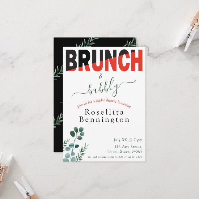 Brunch and Bubbly Eucalyptus Floral Bridal Shower Invitation (Front/Back In Situ)