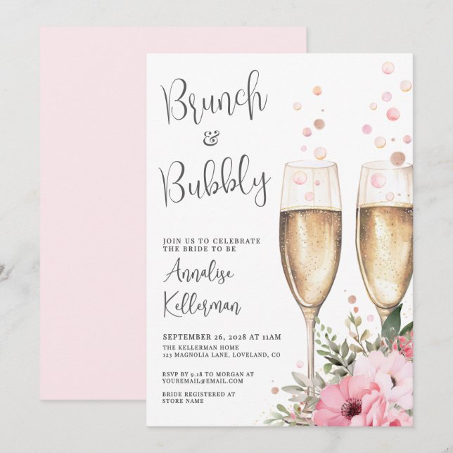 Brunch And Bubbly Floral Bridal Shower Invitation (Front/Back)