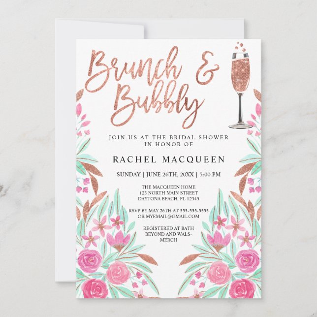 Brunch and Bubbly Floral Glitter Bridal Shower Invitation (Front)
