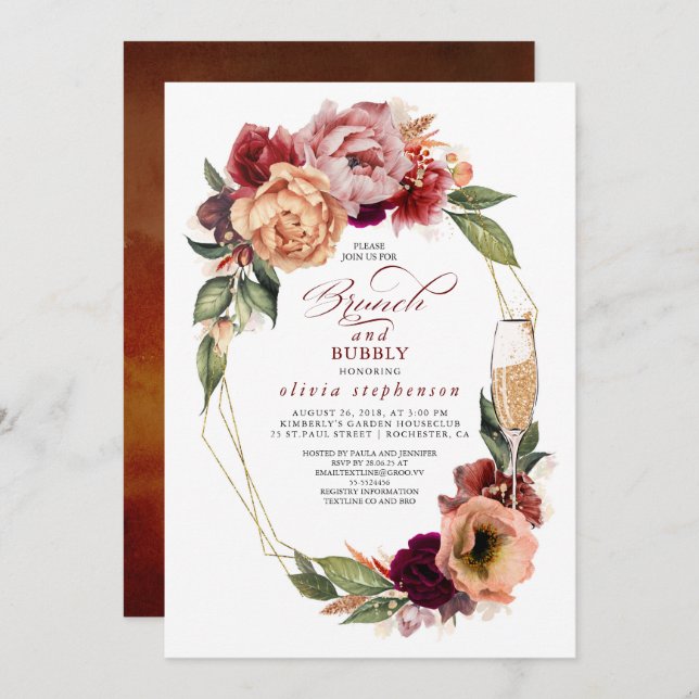 Brunch and Bubbly Floral Modern Fall Bridal Shower Invitation (Front/Back)