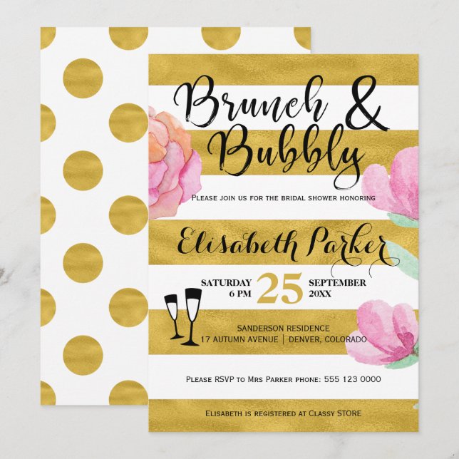 Brunch and bubbly floral stripe gold bridal shower invitation (Front/Back)