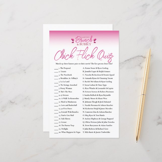 Brunch and Bubbly Galentines Chick Flick Game Quiz (Front/Back In Situ)