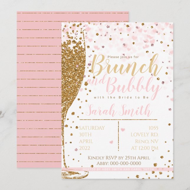 Brunch and Bubbly gold glitter striped backgr Invitation (Front/Back)
