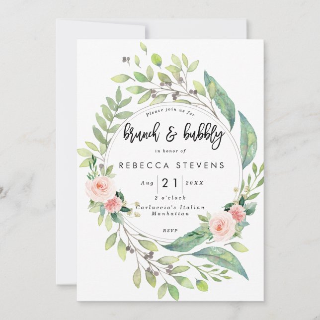 brunch and bubbly greenery blush bridal shower invitation (Front)