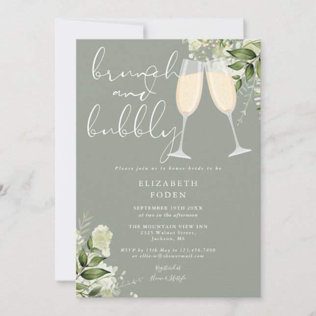Brunch And Bubbly Greenery Bridal Shower Invitation (Front)