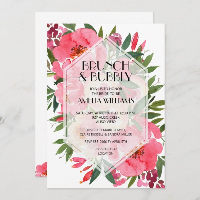 Brunch and Bubbly Peonies Bridal Shower Invites (Front/Back)