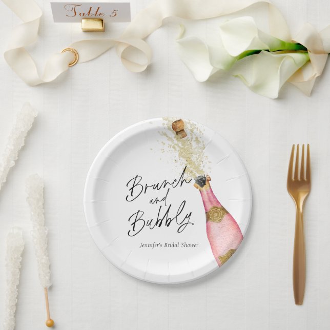 Brunch and Bubbly Pink and Gold Bridal Shower  Paper Plate (Wedding)