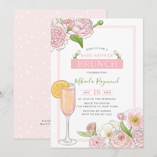 Brunch and Bubbly | Pink Floral Baby Shower Brunch Invitation (Front/Back)