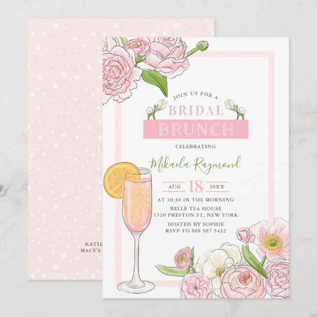 Brunch and Bubbly | Pink Floral Bridal Brunch Invitation (Front/Back)