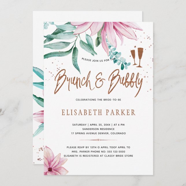 Brunch and bubbly pink floral glam bridal shower invitation (Front/Back)