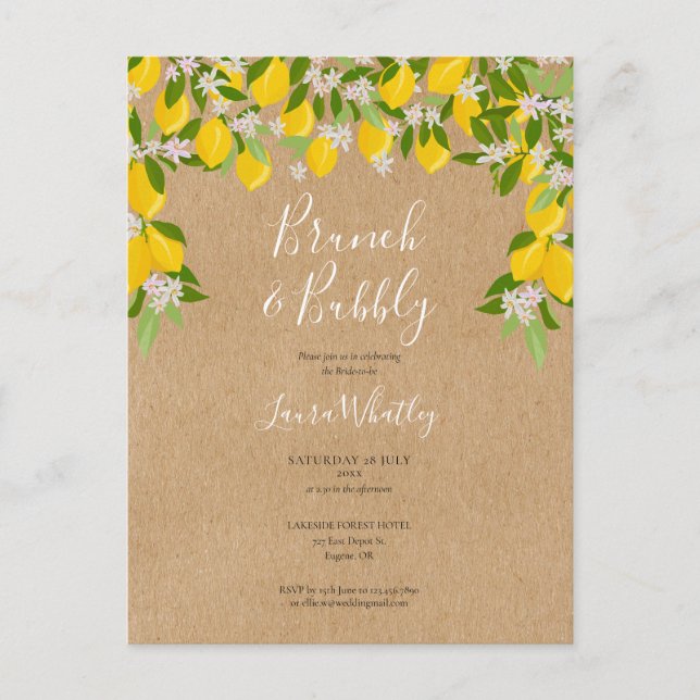 Brunch and Bubbly Rustic Lemons Bridal Shower Announcement Postcard (Front)
