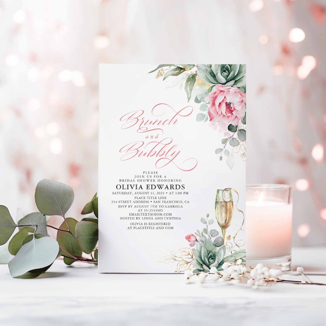 Brunch and Bubbly Succulents Pink Bridal Shower Invitation (Brunch and Bubbly Succulents and Pink Flowers Bridal Shower Invitations)