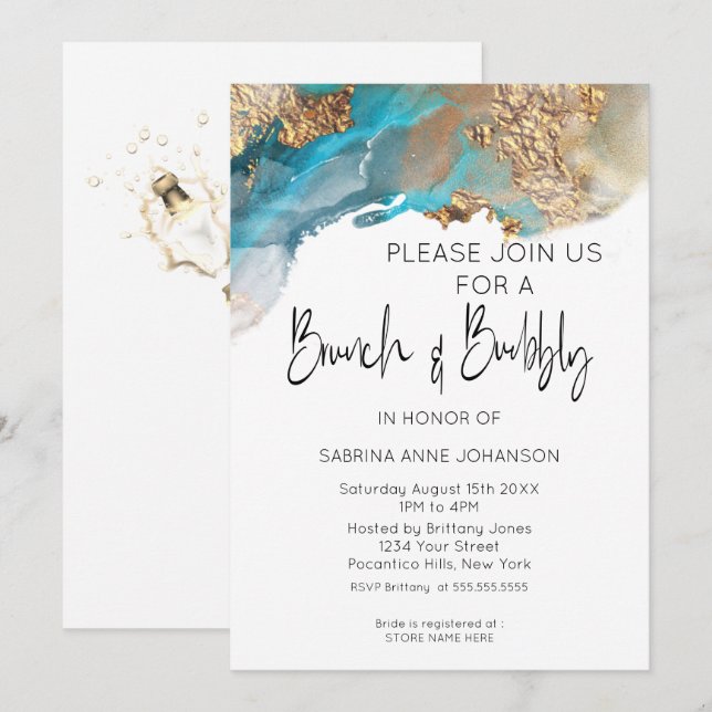 Brunch and Bubbly Turquoise and Gold Marbled Ink Invitation (Front/Back)