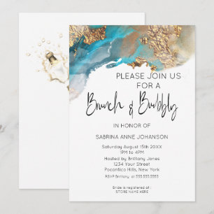 Brunch and Bubbly Turquoise and Gold Marbled Ink Invitation