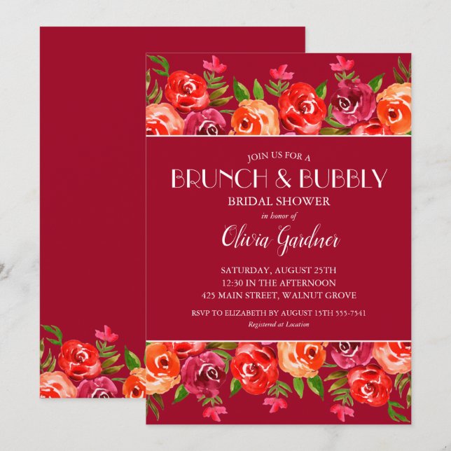Brunch and Bubbly Watercolor Floral Bridal Shower Invitation (Front/Back)