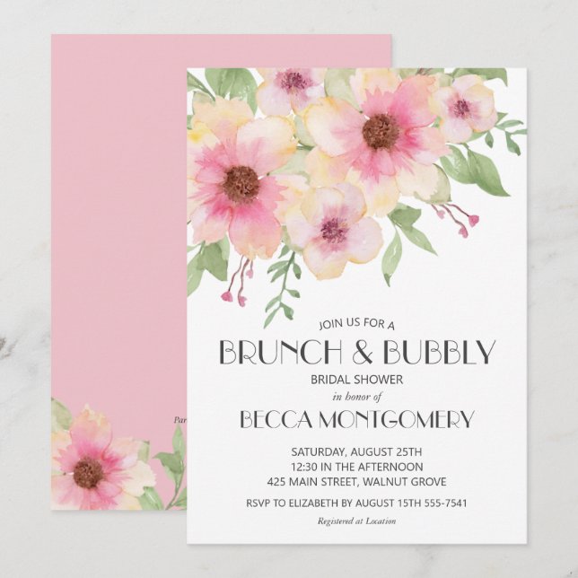 Brunch and Bubbly Watercolor Floral Invitations (Front/Back)