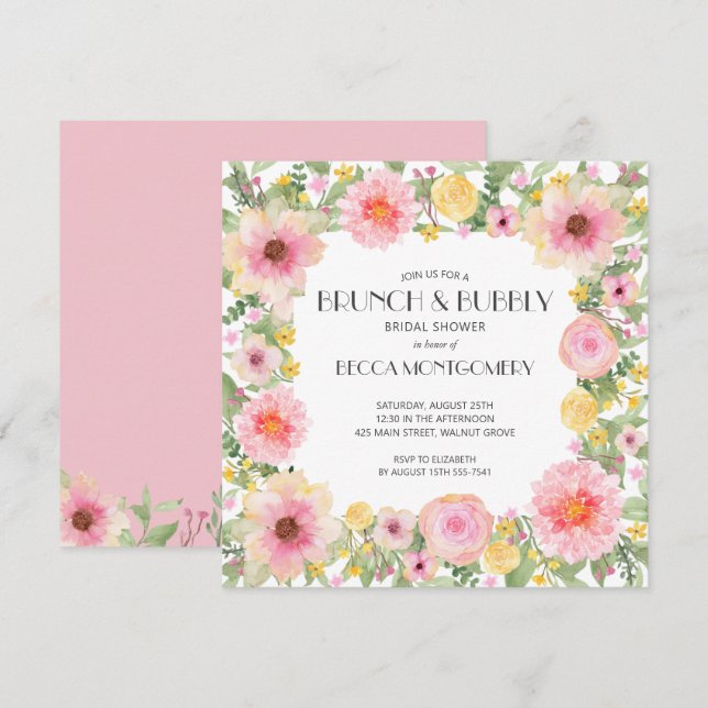 Brunch and Bubbly Watercolor Pink Floral Invites (Front/Back)