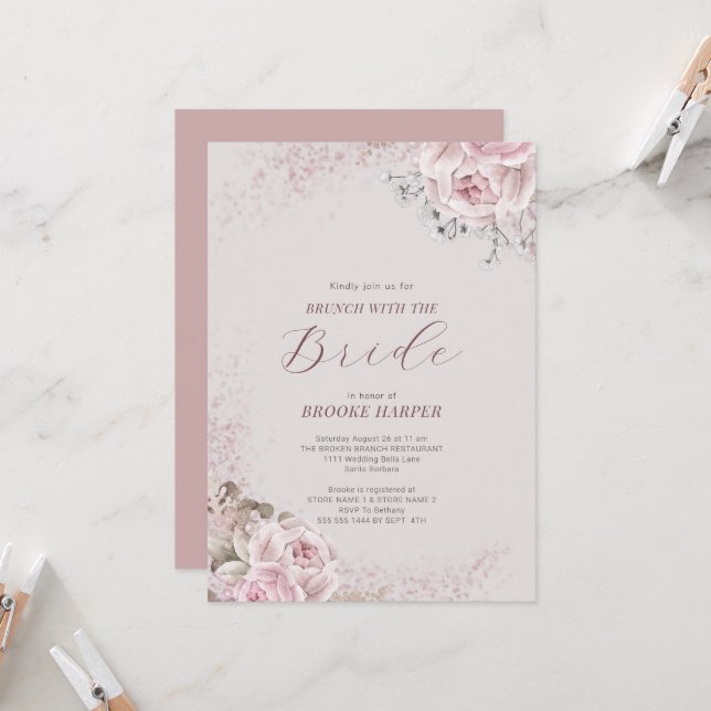 Brunch avec la mariée Blush Floral Invitation (Devant/Arrière en situation)