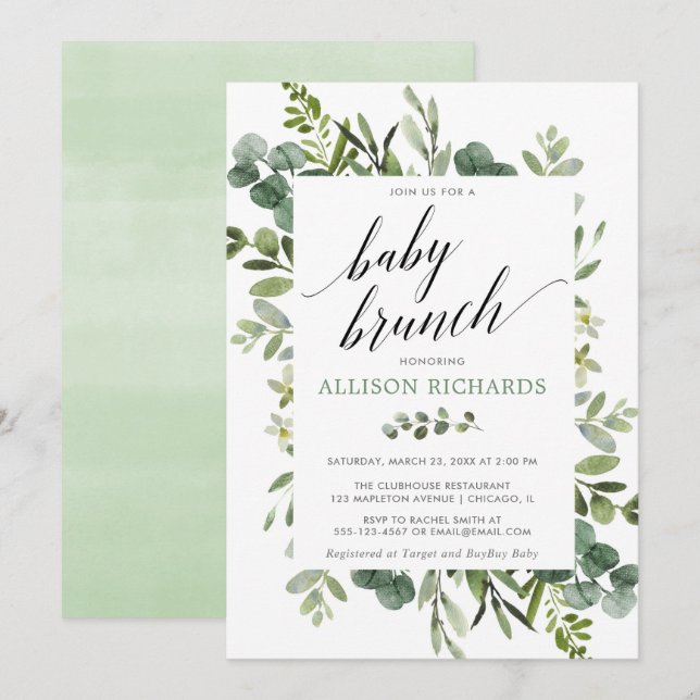 Brunch baby shower gender neutral eucalyptus invitation (Front/Back)