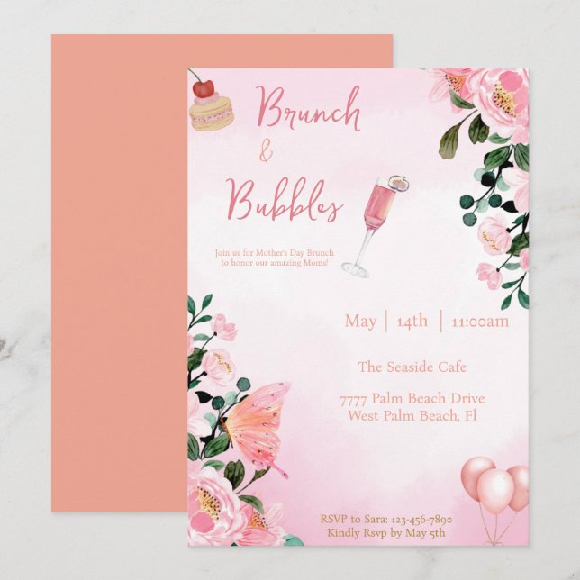 Brunch & Bubbles Mother's Day Brunch Pink Floral Invitation (Front/Back)