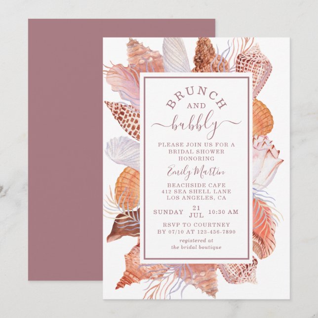 Brunch & Bubbly Beach Seashells Bridal Shower Invitation (Front/Back)