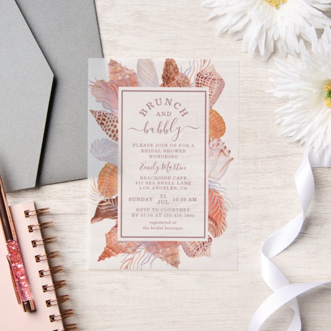 Brunch & Bubbly Beach Seashells Bridal Shower Vellum Invitations (Wedding)