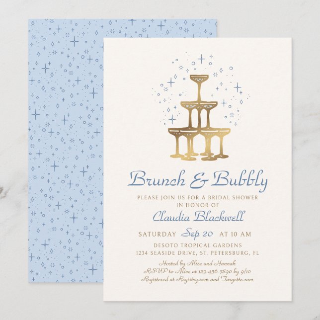 Brunch Bubbly Blue Bridal Shower Invitation (Front/Back)