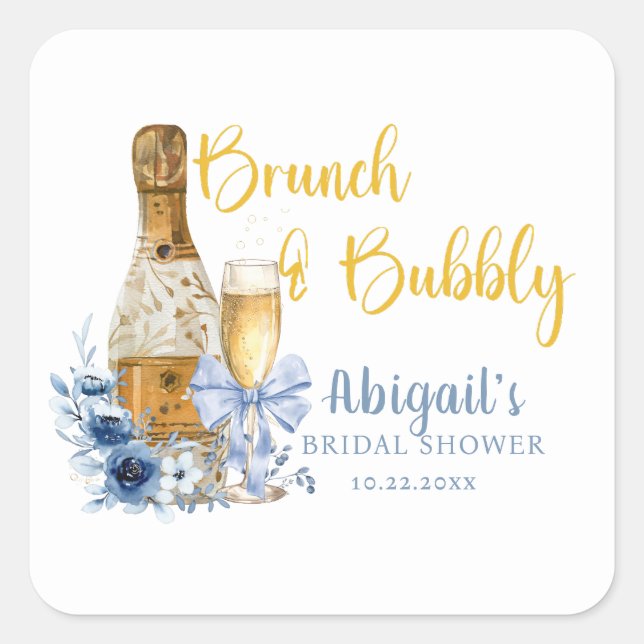 BRUNCH & BUBBLY Blue Floral Bridal Shower  Square Sticker (Front)