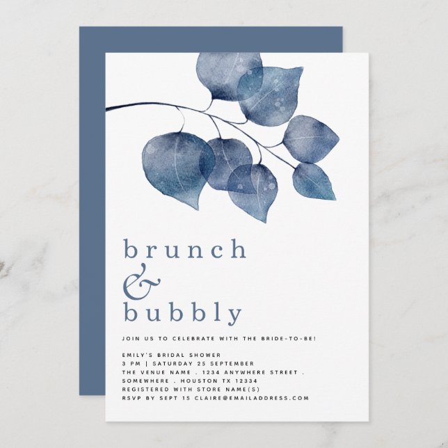 Brunch Bubbly Blue Foliage Bridal Shower Invitatio Invitation (Front/Back)