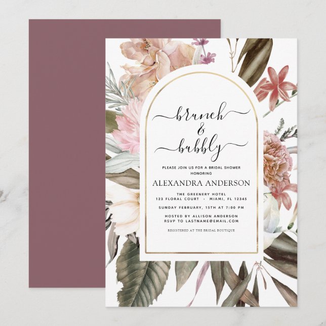 Brunch & Bubbly Boho Burgundy Bridal Shower Invitation (Front/Back)