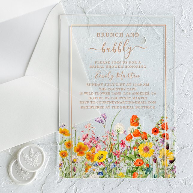 Brunch & Bubbly Boho Wildflower Bridal Shower Acrylic Invitations (Creator Uploaded)