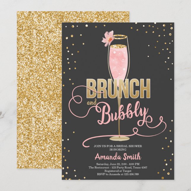 Brunch & Bubbly Bridal Shower Blush Gold Champagne Invitation (Front/Back)