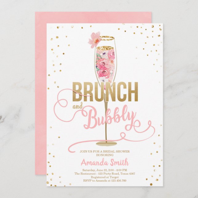 Brunch & Bubbly Bridal Shower Blush Gold Champagne Invitation (Front/Back)